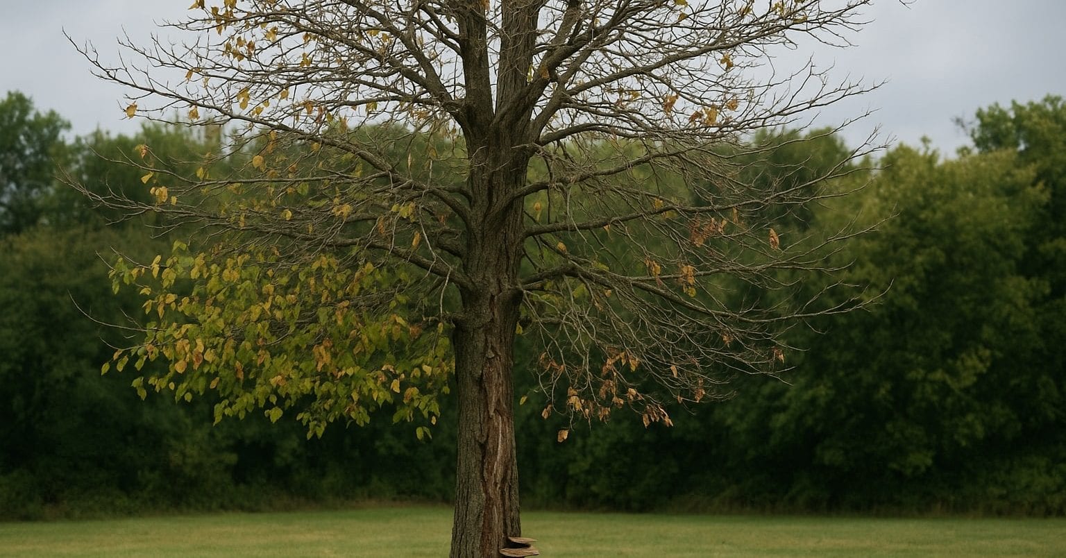 Tree with sparse leaves and visible bark damage showing signs of decline