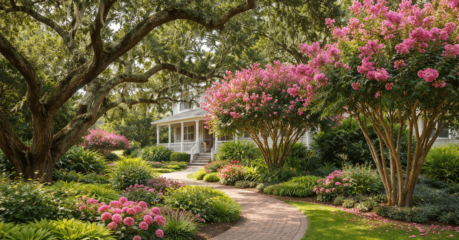 A lush residential garden in the Outer Banks featuring Live Oaks and Crepe Myrtles.