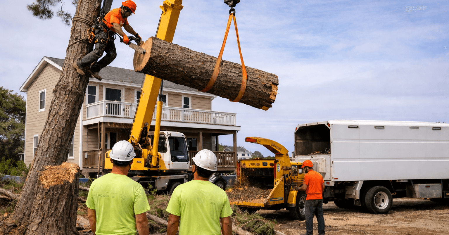 Albemarle Landscapes and Tree Service team removing a large tree near an Outer Banks home.