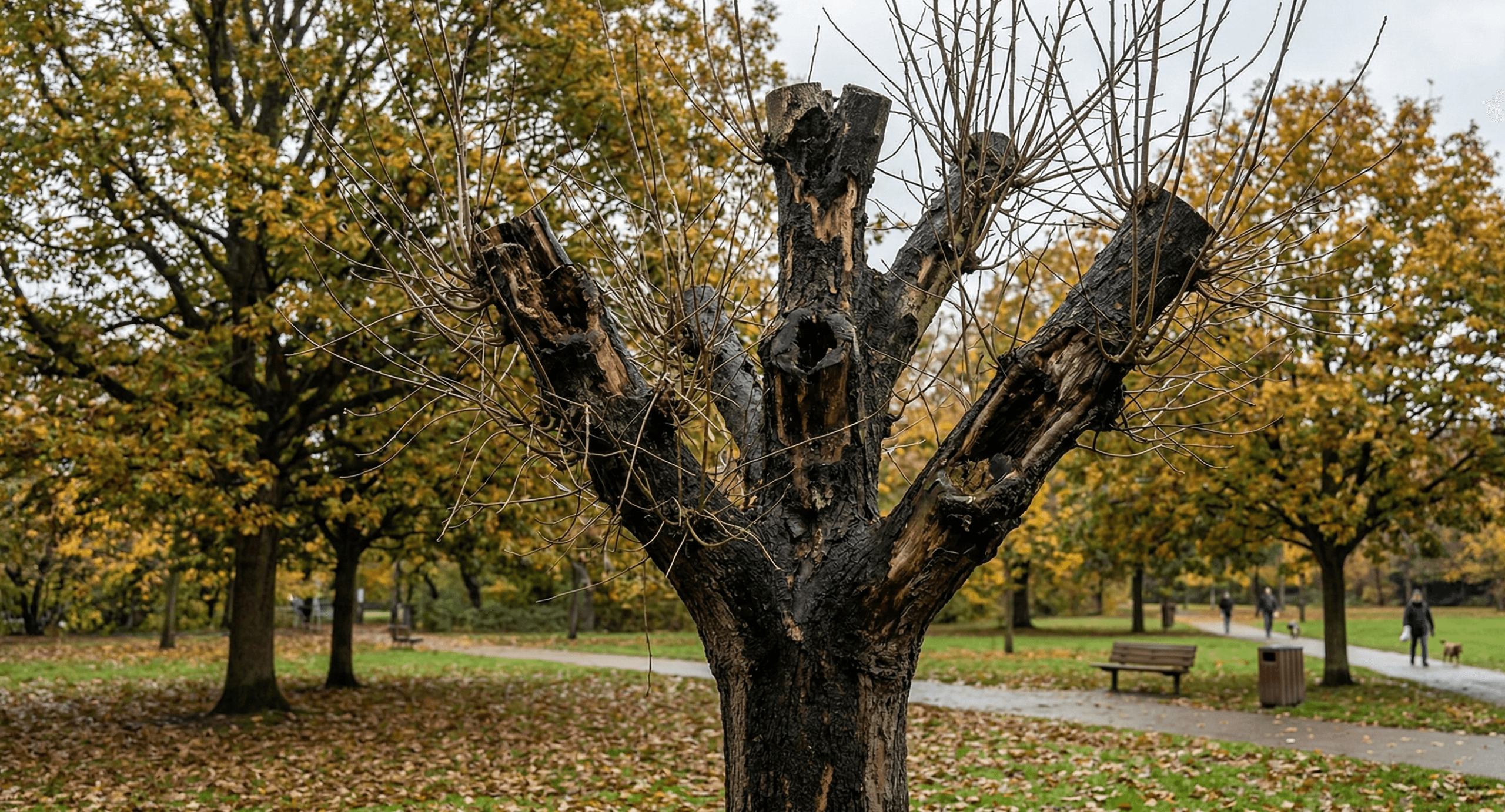An improperly topped tree showing weak regrowth and decay damage