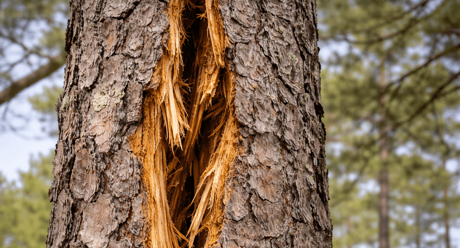 Close-up of a cracked pine trunk showing structural failure.