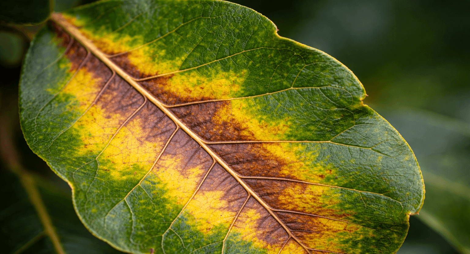 Close-up of a Live Oak leaf with yellow and brown veinal necrosis.