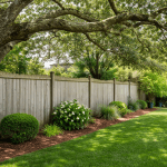A property line fence with large oak branches overhanging a residential backyard in Kitty Hawk.