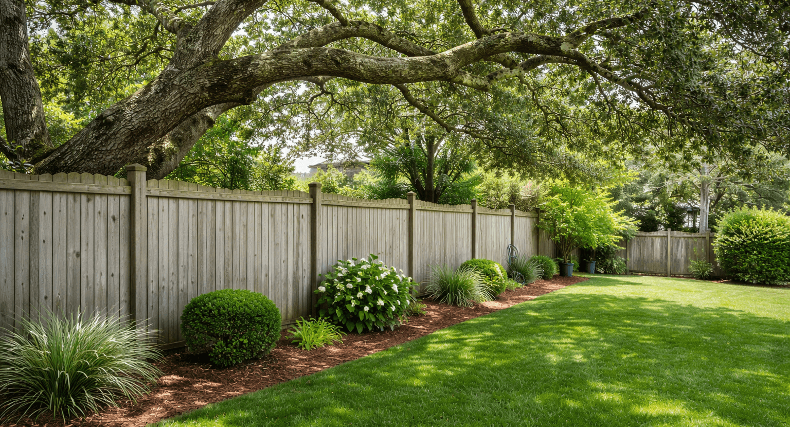 A property line fence with large oak branches overhanging a residential backyard in Kitty Hawk.