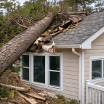 A fallen tree from the neighboring yard is damaging the house roof, Outer Banks, NC.