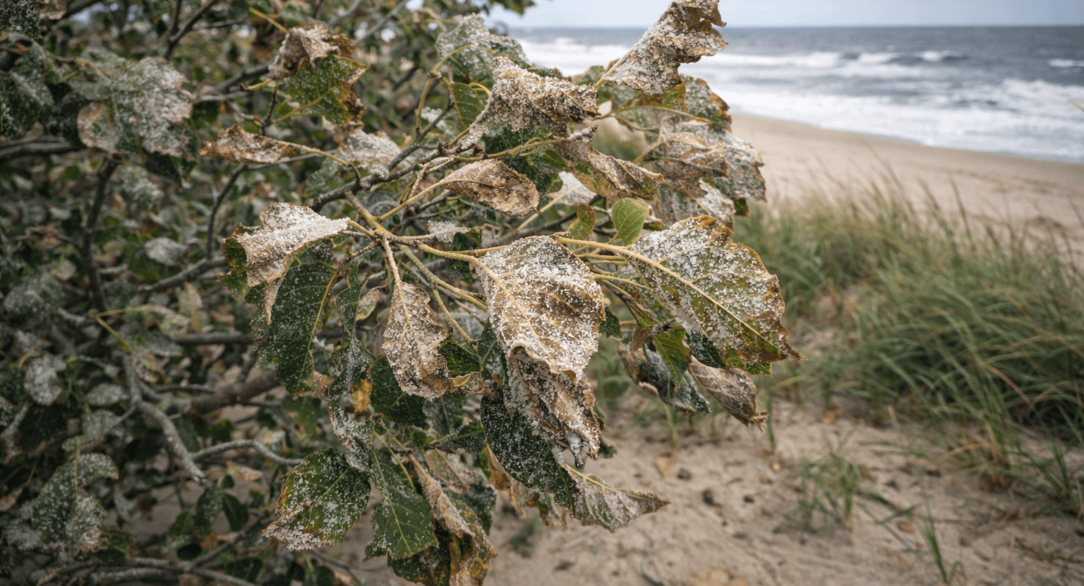Salt spray damage on coastal tree leaves, Outer Banks, North Carolina