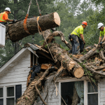 Emergency tree removal crew removing storm-damaged tree from house in North Carolina