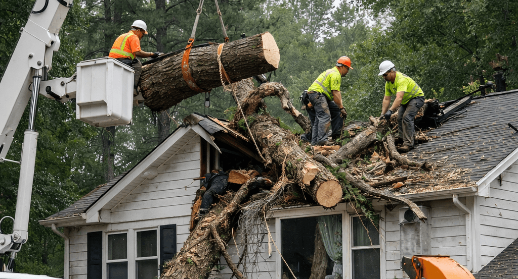 Emergency tree removal crew removing storm-damaged tree from house in North Carolina