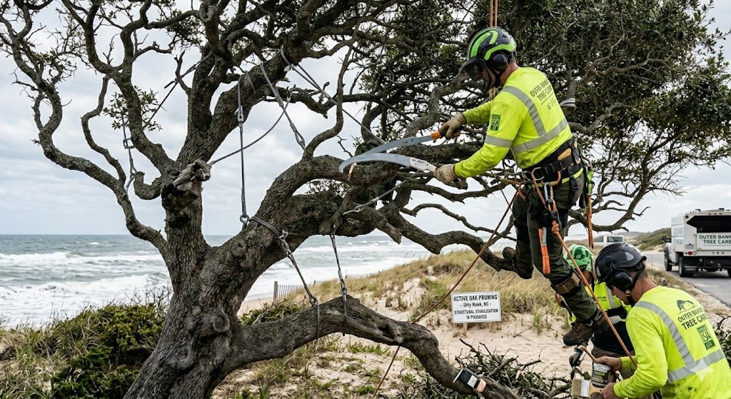 Arborist pruning live oak tree in Kitty Hawk Outer Banks NC