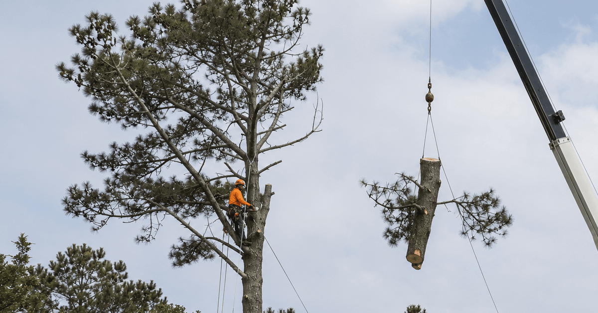 Professional tree crew removing a large pine tree near a Kitty Hawk home using crane lifting and controlled rigging methods