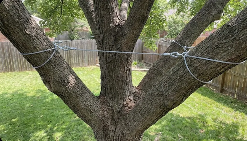  Steel cables installed between large tree limbs to prevent breakage and improve stability.