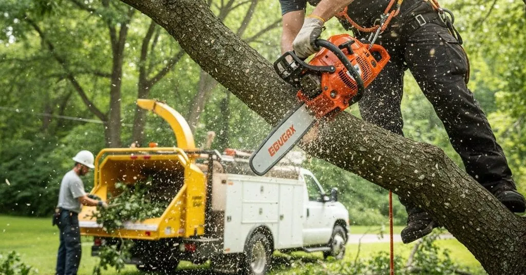 Qualified arborist trimming a large oak tree to remove dead branches and promote healthy growth.