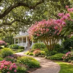 A lush residential garden in the Outer Banks featuring Live Oaks and Crepe Myrtles.
