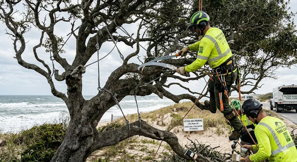 Arborist pruning live oak tree in Kitty Hawk Outer Banks NC