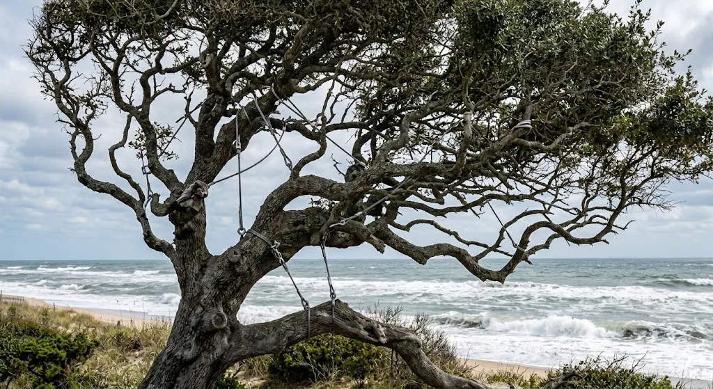 Mature Live Oak with structural cabling to withstand high coastal winds.